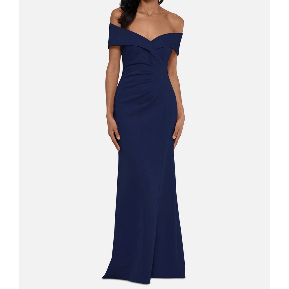 XScape Ruched Off-the-Shoulder Sweetheart Maxi Gown Blue Scuba Crepe 14